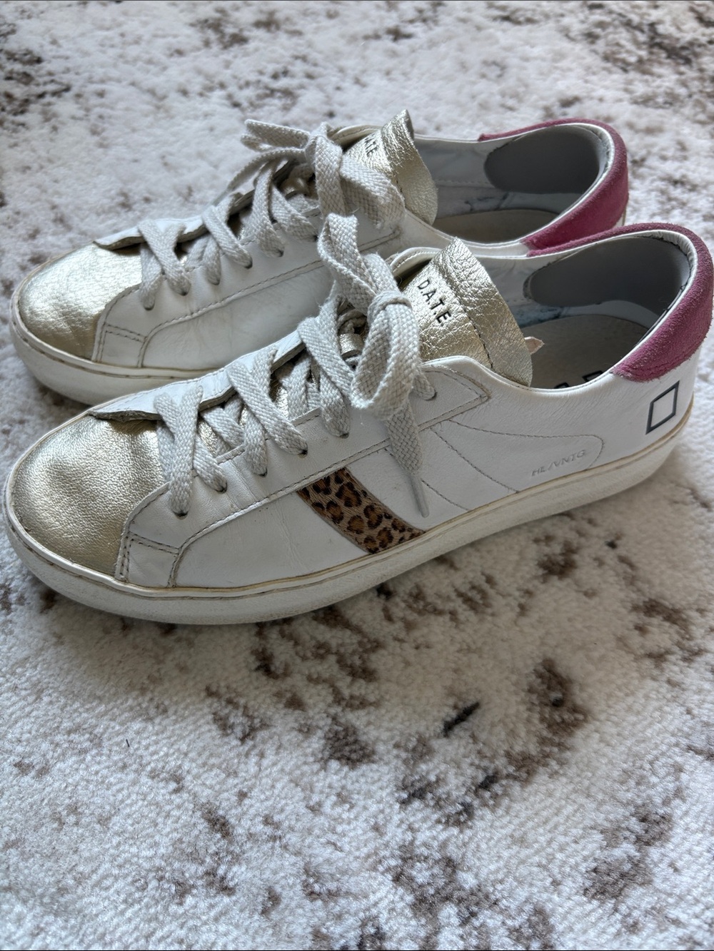 D.A.T.E. Women’s White Sneakers with Pink Heel Accent